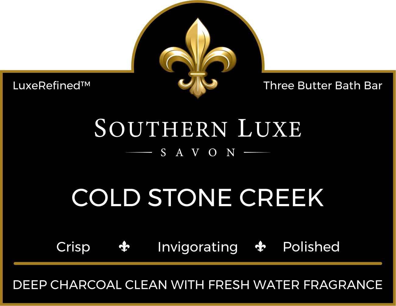 Cold Stone Creek collection label for luxury men's bath bars and handcrafted guest soaps by Southern Luxe Savon