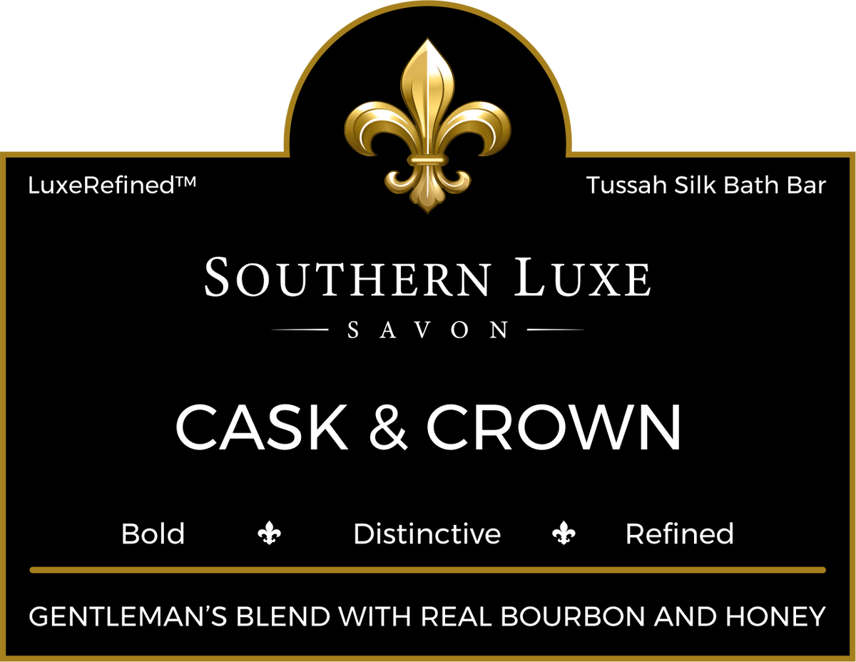 Cask & Crown 8.5 oz luxury men's bath bar label by Southern Luxe Savon with bourbon-inspired fragrance
