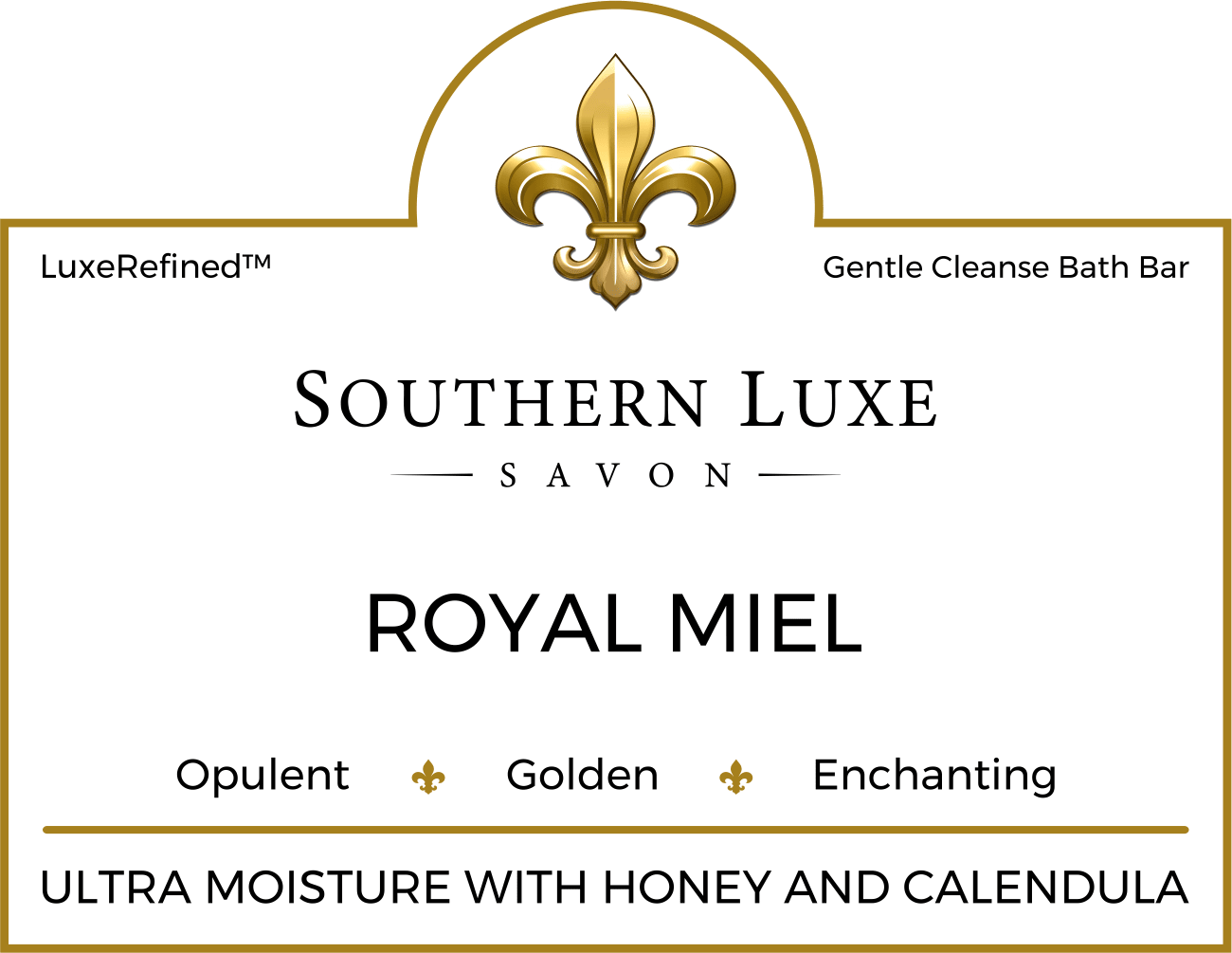 Royal Miel 8.5 oz luxury honey bath bar label by Southern Luxe Savon with raw honey and calendula fragrance