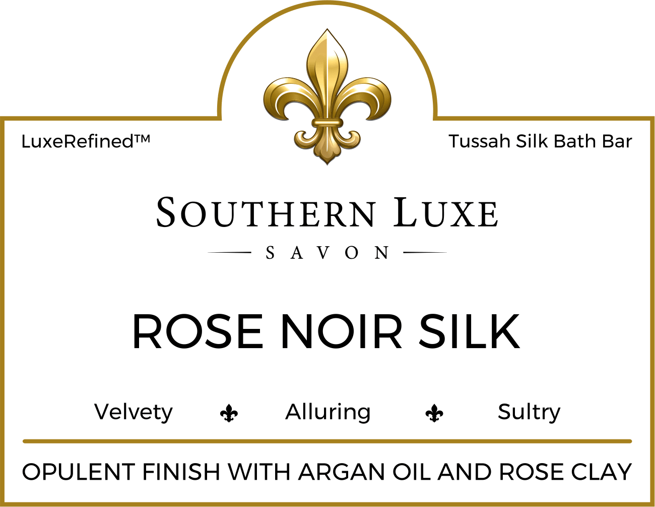 Rose Noir Silk 8.5 oz luxury natural bath bar label by Southern Luxe Savon with tussah silk and oud floral fragrance
