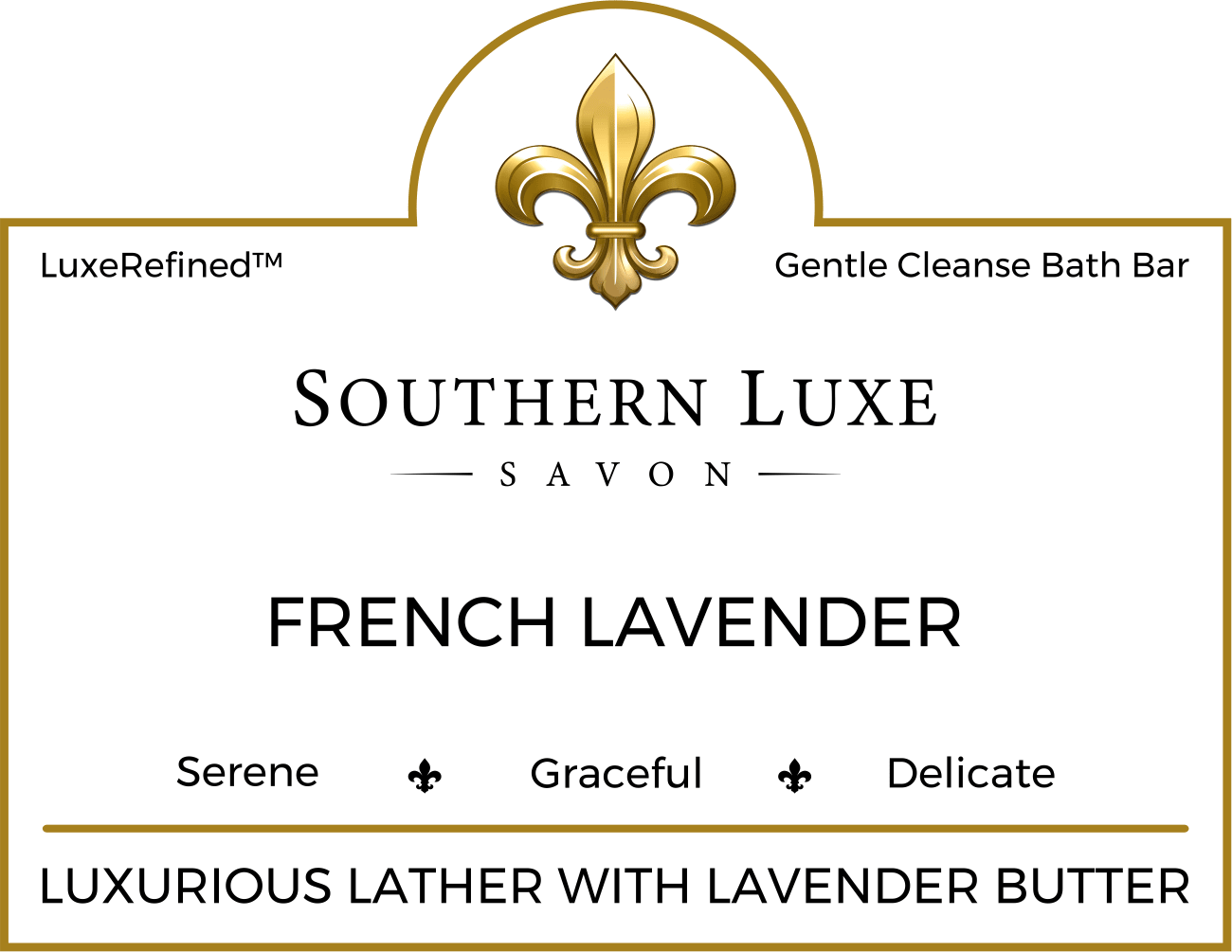 French Lavender luxury artisan natural bath bar label with Provence lavender oil and botanical butters by Southern Luxe Savon