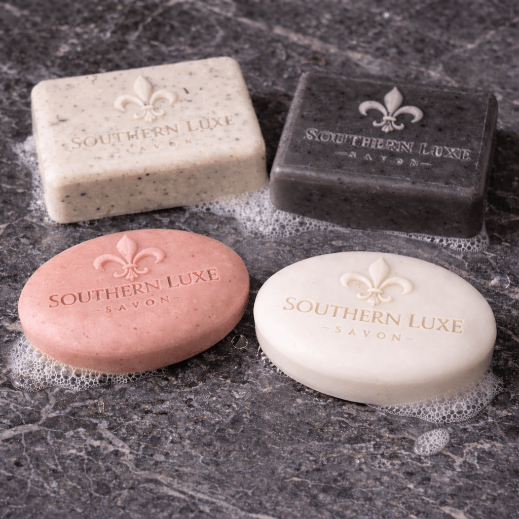 Four luxury detergent-free soaps made with all-natural ingredients for sensitive dry and delicate skin by Southern Luxe Savon