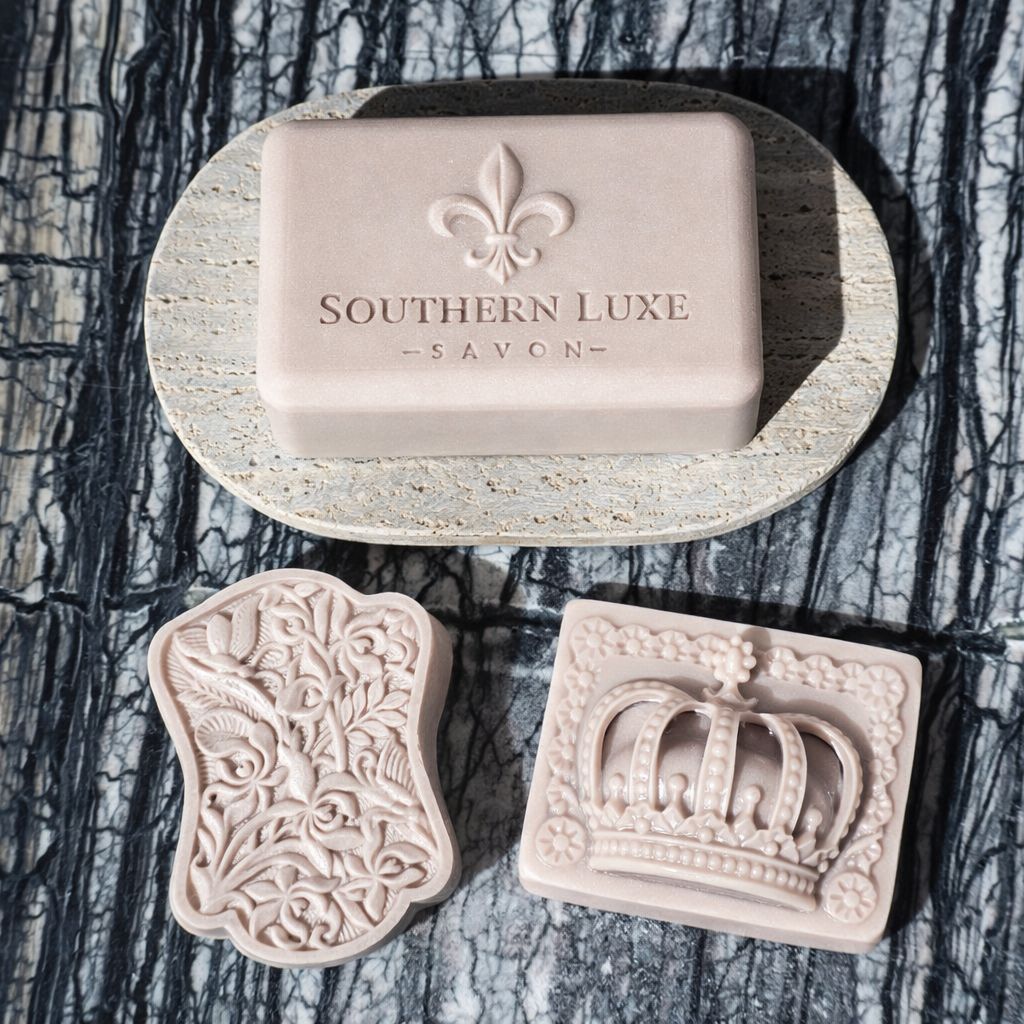 Bar of soap with 'Southern Luxe Savon' branding on a textured surface