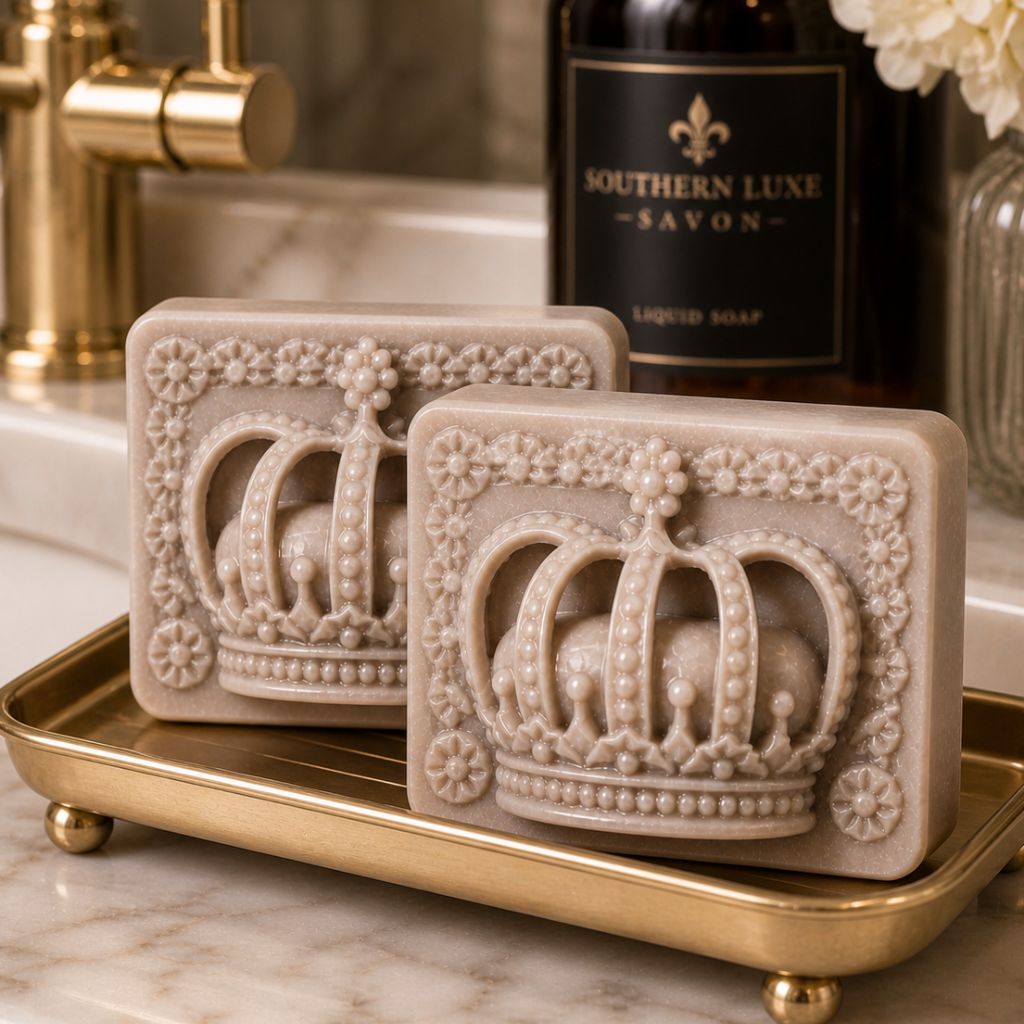 Two handcrafted Cask & Crown crown-shaped guest soaps with honey, bourbon, argan oil, and tussah silk by Southern Luxe Savon