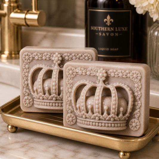 Two handcrafted Cask & Crown crown-shaped guest soaps with honey, bourbon, argan oil, and tussah silk by Southern Luxe Savon