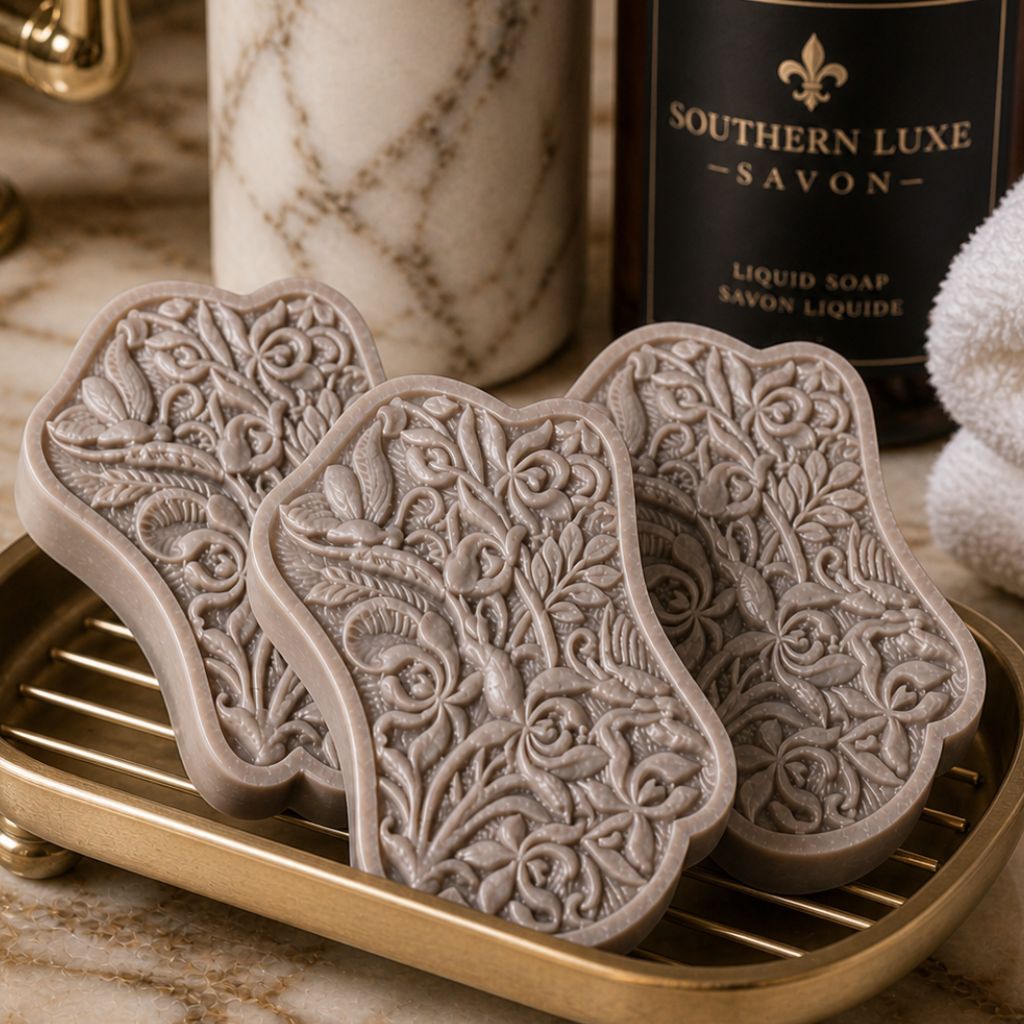 Three Cask & Crown Victorian scroll guest soaps with raw honey, argan oil, Tussah silk for rich lather by Southern Luxe Savon