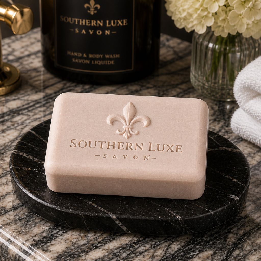 Handmade Luxury bourbon scented Tussah Silk bath soap bar on marble counter - Southern Luxe Savon -m all natural - award winning fragrance