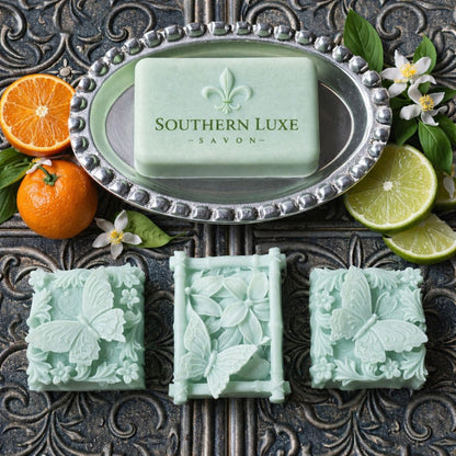 Citrus Papillon natural luxury bath bar with butterfly guest soaps by Southern Luxe Savon with green tea and argan oil