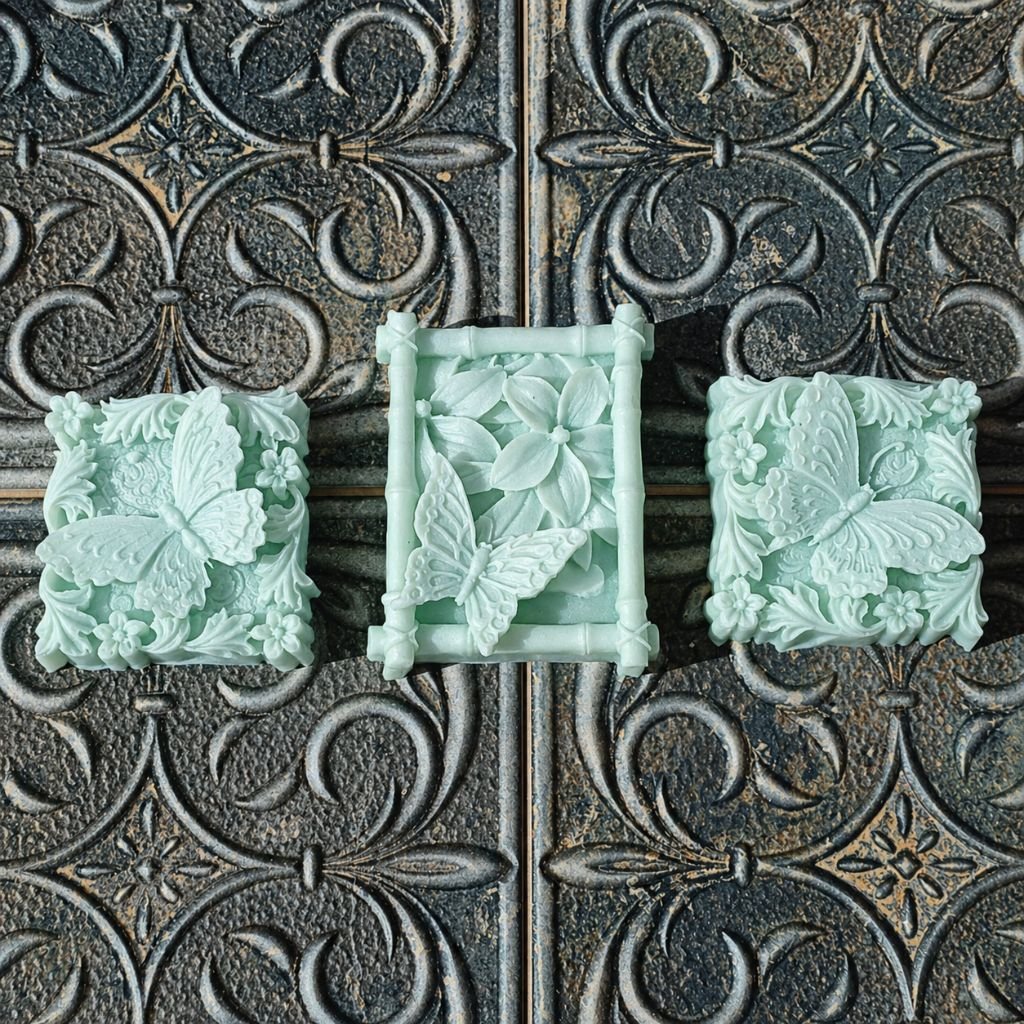 Three natural handmade luxury butterfly guest soaps with green tea, camellia oil, and argan oil by Southern Luxe Savon