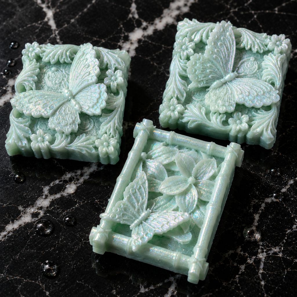 Three Citrus Papillon butterfly guest soaps handcrafted with green tea, argan oil, and camellia oil by Southern Luxe Savon