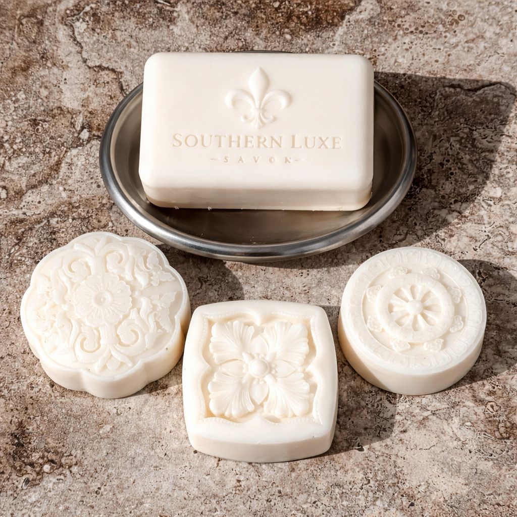 Dapper from the Barber collection with luxury bath bar and guest soaps by Southern Luxe Savon with fresh, classic fragrance