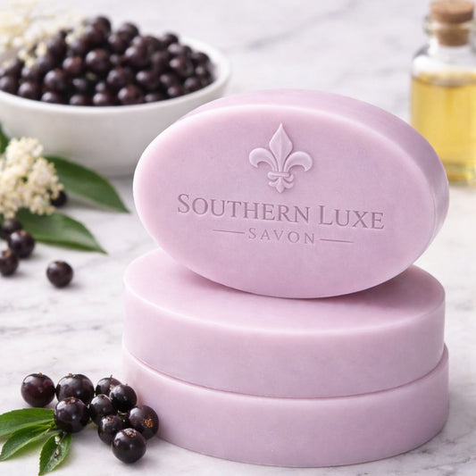 Two pink soaps with 'Southern Luxe Savon' branding on a marble surface with berries and leaves.