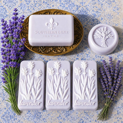 Natural French Lavender luxury bath bar and cameo guest soaps handcrafted with Provence lavender oil by Southern Luxe Savon