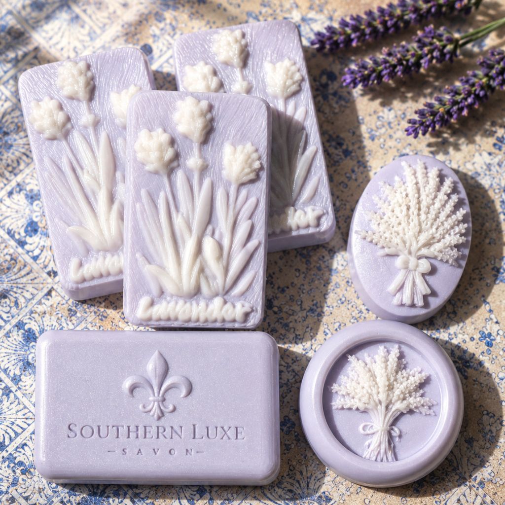 French Lavender natural luxury bath bar and guest soaps by Southern Luxe Savon and real lavender essential oil from Provence