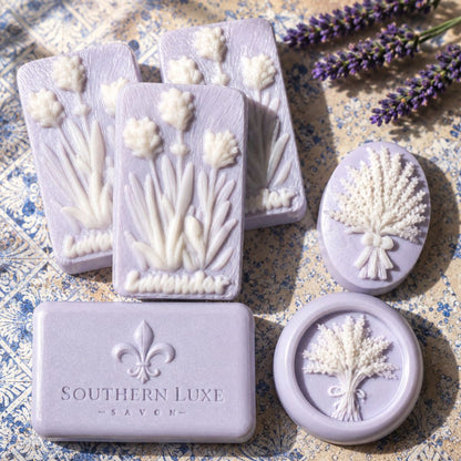 French Lavender natural luxury bath bar and guest soaps by Southern Luxe Savon and real lavender essential oil from Provence