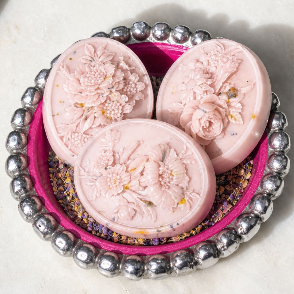 Three Her Majesty's Garden Victorian cameo guest soaps with raw honey and white tea by Southern Luxe Savon