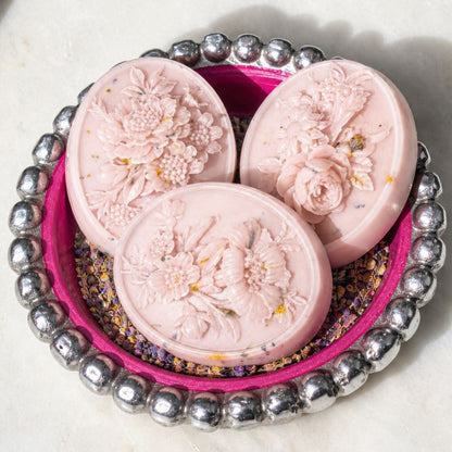 Three Her Majesty's Garden Victorian cameo guest soaps with raw honey and white tea by Southern Luxe Savon