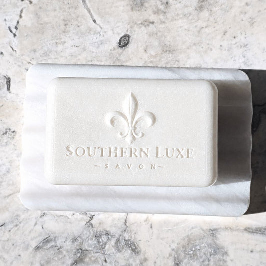 Moonlit Tryst handcrafted shimmering white bath bar with tussah silk, argan oil, and floral fragrance by Southern Luxe Savon