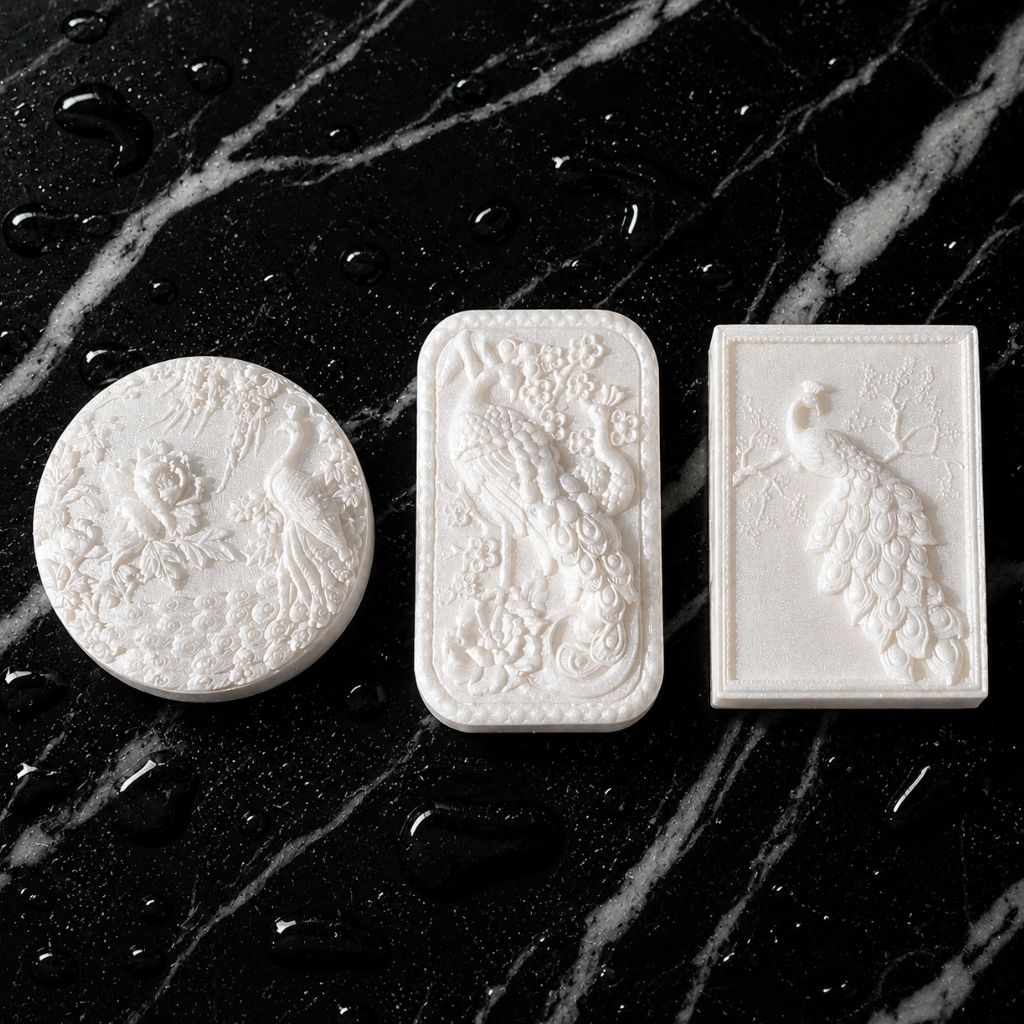 Three Moonlit Tryst lilac artisanal peacock guest soaps with tussah silk and argan oil for soft skin by Southern Luxe Savon