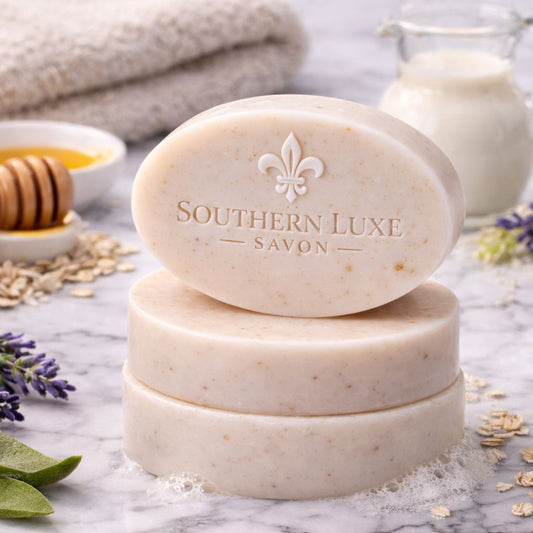 Two bars of Southern Luxe Savon soap stacked on a marble surface with lavender and oats.