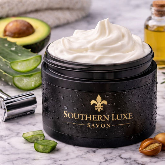 Black jar of Southern Luxe Savon cream with avocado, aloe vera, and almonds on a marble surface.