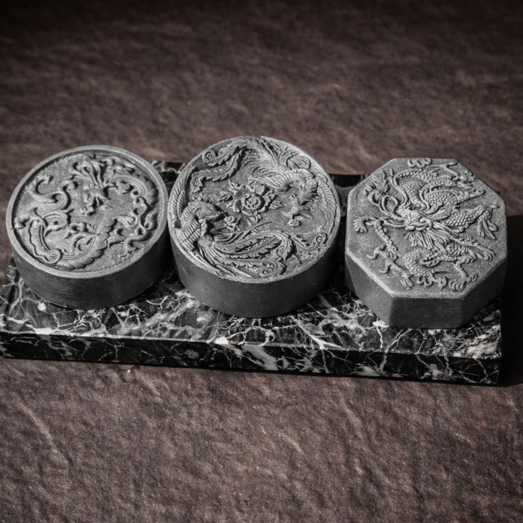 Oriental Obsidian handcrafted dragon guest soaps with tussah silk, green tea, camellia oil rich lather by Southern Luxe Savon