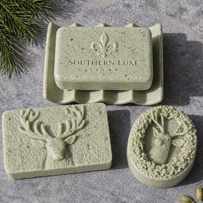 Sovereign Stag square and round deer guest soaps and bath bar handcrafted with argan oil and green tea by Southern Luxe Savon