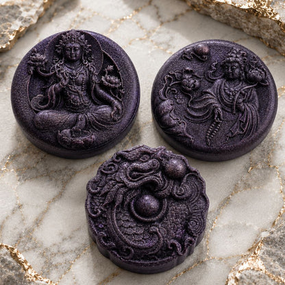 Three handcrafted Spiritual Gangster Thai dragon guest soaps in deep purple by Southern Luxe Savon