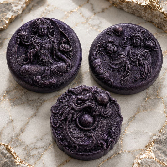 Three handcrafted Spiritual Gangster Thai dragon guest soaps in deep purple by Southern Luxe Savon