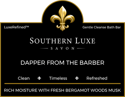 Dapper from the Barber luxury men's bath bar label with fresh lemon, mint, woods, and musk by Southern Luxe Savon