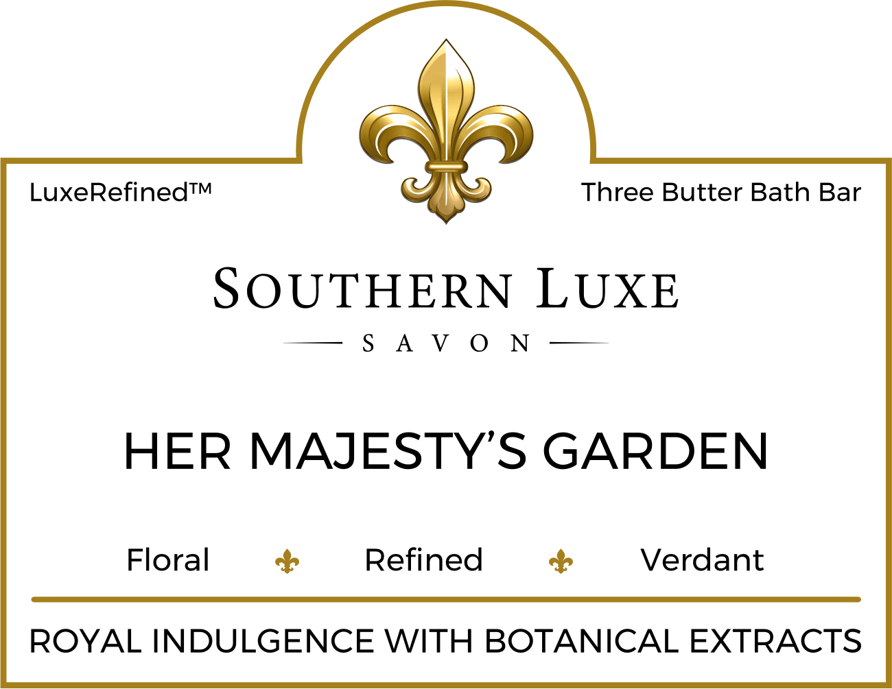 Her Majesty's Garden 8.5 oz luxury floral bath bar label by Southern Luxe Savon with raw honey and green tea