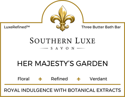Her Majesty's Garden 8.5 oz luxury floral bath bar label by Southern Luxe Savon with raw honey and green tea