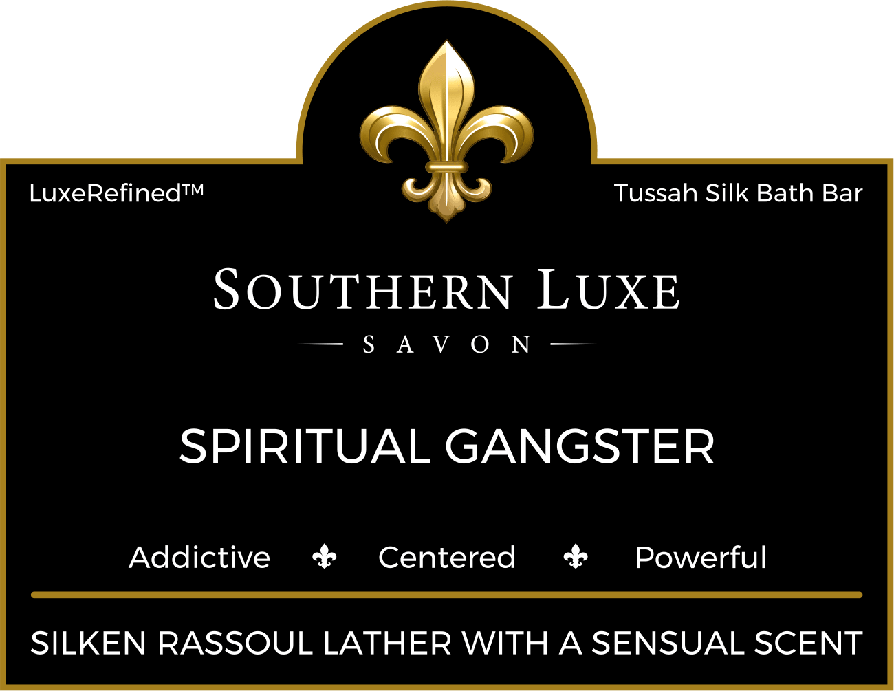 Spiritual Gangster 8.5 oz luxury men's bath bar label by Southern Luxe Savon handcrafted with Tussah silk and rich butters