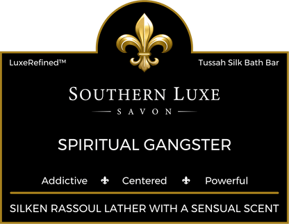 Spiritual Gangster 8.5 oz luxury men's bath bar label by Southern Luxe Savon handcrafted with Tussah silk and rich butters