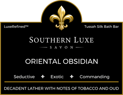 Oriental Obsidian 8.5 oz luxury men's bath bar label by Southern Luxe Savon with oud and amber fragrance