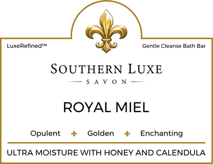 Royal Miel 8.5 oz luxury honey bath bar label by Southern Luxe Savon with raw honey and calendula fragrance
