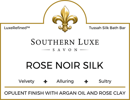 Rose Noir Silk 8.5 oz luxury natural bath bar label by Southern Luxe Savon with tussah silk and oud floral fragrance