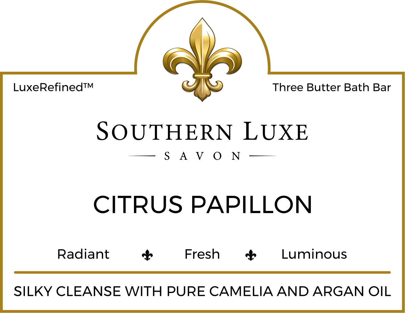 Citrus Papillon handmade luxury citrus bath bar label with bergamot, neroli, and camellia oil by Southern Luxe Savon