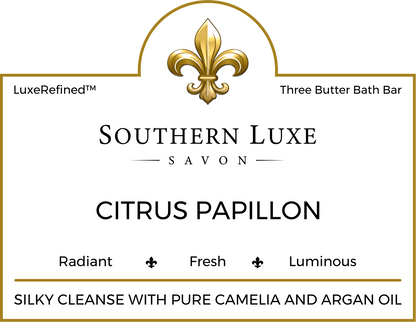 Citrus Papillon handmade luxury citrus bath bar label with bergamot, neroli, and camellia oil by Southern Luxe Savon